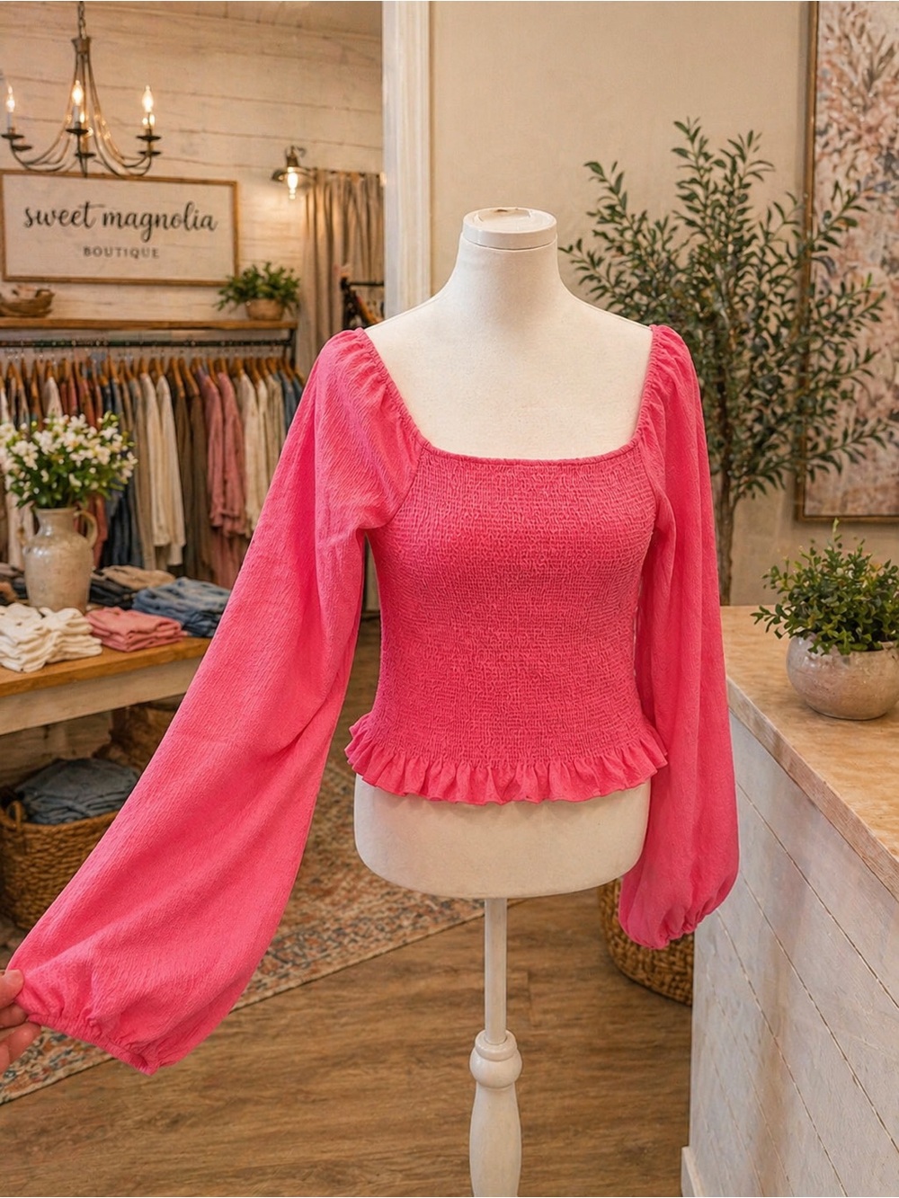 White Birch Hot Pink Smocked Crop Top Balloon Sleeve Blouse 1X